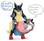  2016 anthro/anthro balls big_balls black_fur blue_eyes blue_fur canine cock_vore dialogue duo english_text fur grey_fur huge_balls huge_penis jay jewelry male male/male mammal mega_evolution mega_lucario mostly_nude necklace nelsonnoir nintendo nude open_mouth penis pok&eacute;mon red_eyes red_fur signature simple_background slit_pupils speech_bubble spikes star teeth text tongue vein video_games vore white_background white_fur wolf yellow_fur 