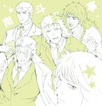  braid formal hand_on_shoulder hokuto_no_ken krkkrk2701 long_hair male_focus monochrome multiple_boys necktie open_mouth rei_(hokuto_no_ken) scar scar_across_eye shin_(hokuto_no_ken) short_hair shuu_(hokuto_no_ken) smile souther star suit worried yuda_(hokuto_no_ken) 