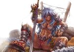  2016 armor bangs barbarian barrel bikini_armor bikini_bottom blue_hair breasts cleavage copyright_request eyepatch feet fur grin hair_between_eyes large_breasts long_hair looking_at_viewer maxa' messy_hair muscle muscular_female no_socks pauldrons sandals scar signature sitting smile solo spikes spread_legs sword tan thigh_strap toenails toes vambraces warrior weapon white_background 