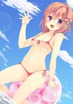  ball beachball bikini blue_sky breasts brown_hair cloud covered_nipples day flower gochuumon_wa_usagi_desu_ka? hair_flower hair_ornament hairclip highres hoto_cocoa looking_at_viewer micro_bikini navel nigo_(aozoragarou) open_mouth purple_eyes red_bikini side-tie_bikini sky small_breasts smile solo swimsuit underboob water 