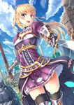  absurdres bad_id bad_pixiv_id black_legwear blonde_hair blue_eyes breastplate earrings gauntlets hair_ornament highres holding holding_sword holding_weapon jewelry long_hair looking_at_viewer nosa original outdoors pleated_skirt purple_skirt skirt solo sword thighhighs weapon 