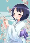  &gt;_&lt; 2016 artist_name blue_hair closed_eyes eating gochuumon_wa_usagi_desu_ka? highres japanese_clothes jouga_maya kimono neki_(wakiko) short_hair solo 