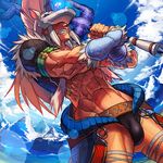  abs bulge day helmet kirin_(armor) male_focus manly monster_hunter muscle ookami_(pixiv27280) sky solo weapon 