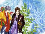  bouquet brown_eyes brown_hair copyright_request flower gift hands_in_pockets highres holly kasai_ayumi leaf male_focus multiple_boys necktie red_scarf rose scarf silver_hair snow striped trench_coat wallpaper wings 