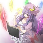  adapted_costume bad_id bad_pixiv_id book breasts collarbone crescent crystal floating floating_object hat long_hair magic medium_breasts open_book patchouli_knowledge pointing purple_eyes purple_hair solo touhou zhao_shuwen 