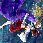  blonde_hair bow breasts brown_hair detached_sleeves gap gloves hair_bow hakurei_reimu hat highres japanese_clothes long_hair medium_breasts multiple_girls purple_eyes red_eyes seki_juuen sideboob touhou underwater white_gloves yakumo_yukari 