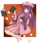  bad_id bad_pixiv_id barefoot book feet hair_ribbon hat long_hair namine0079 patchouli_knowledge purple_hair red_eyes ribbon solo touhou 