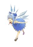  blue_eyes blue_hair bow cirno full_body hair_bow highres mizore_akihiro short_hair solo touhou transparent_background wings 