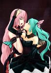  aqua_nails bug butterfly butterfly_hair_ornament couple dress face-to-face hair_ornament hamu_no_jin hatsune_miku highres insect long_hair magnet_(vocaloid) megurine_luka multiple_girls nail_polish very_long_hair vocaloid yuri 