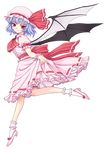  absurdres bat_wings blue_hair full_body highres light_smile orebalgum puffy_short_sleeves puffy_sleeves red_eyes remilia_scarlet running shoes short_hair short_sleeves skirt_hold smile socks solo toe-point touhou transparent_background tsurime wings wrist_cuffs 