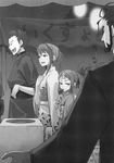  2girls absurdres artbook ayakura_juu festival food fuuka_(izuna) gouma_reifuden_izuna greyscale hair_up highres japanese_clothes kagen_(izuna) kimono monochrome multiple_boys multiple_girls official_art short_hair shuuchi_(izuna) suiren_(izuna) 