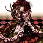  bad_id bad_pixiv_id checkered dress feathers flower flowerchorus hat mask original red_eyes solo 
