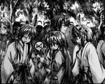  hiiragi_kagami hiiragi_tsukasa izumi_konata japanese_clothes long_hair lucky_star miko monochrome pixiv_thumbnail resized shimahiro short_hair sweatdrop 