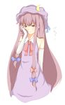  alternate_costume bad_id bad_pixiv_id bare_shoulders crescent elbow_gloves gloves hair_ribbon hat highres long_hair meet_neet patchouli_knowledge purple_eyes purple_hair ribbon solo tears touhou 