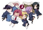  black_hair blonde_hair blue_skirt buttons chibi full_body honami_yuu kajiki_yumi kanbara_satomi long_sleeves multiple_girls ponytail red_hair saki senoo_kaori short_hair simple_background skirt sleeping touyoko_momoko tsuruga_school_uniform tsuyama_mutsuki white_background 