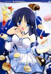  absurdres blue_eyes blue_hair breasts cake cleavage cross food highres long_hair medium_breasts pancake solo yoshimura_kentaro 