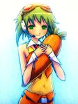  animated animated_gif blinking blush carrot goggles goggles_on_head green_hair gumi headphones headset mike_inel navel see-through skirt smile solo vocaloid 