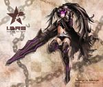  absurdres armor bad_id bad_pixiv_id belt black_hair black_rock_shooter boots burning_eye chain gauntlets gencoupb greaves highres huge_weapon insane_black_rock_shooter long_hair loose_belt midriff navel pale_skin purple_eyes scar shorts solo stitches thigh_boots thighhighs twintails weapon 