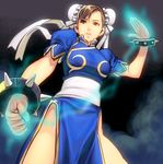  aura bad_id bad_pixiv_id bracelet brown_eyes brown_hair bun_cover china_dress chinese_clothes chun-li cowboy_shot double_bun dress jewelry masao no_legwear pelvic_curtain sash solo spiked_bracelet spikes street_fighter 