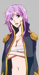  1girl androgynous breast_bind breasts cleavage coat faris_scherwiz female final_fantasy final_fantasy_v green_eyes hikky-meg jacket_on_shoulders jewelry long_hair necklace open_clothes open_coat open_mouth pirate purple_hair reverse_trap sarashi solo tomboy 