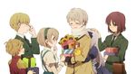  4boys apron axis_powers_hetalia bad_id bad_pixiv_id belarus_(hetalia) blue_eyes blush bow brown_hair closed_eyes dress epaulettes estonia_(hetalia) flower gift glasses green_eyes hair_bow hairband hand_on_head holding hug hug_from_behind latvia_(hetalia) lithuania_(hetalia) long_hair mister_donut multiple_boys multiple_girls necktie pon_de_lion russia_(hetalia) scarf short_hair silver_hair stuffed_animal stuffed_lion stuffed_toy sunflower tsu ukraine_(hetalia) uniform 