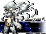  armor armored_core bikini_armor blue_eyes engrish gintarou_(kurousagi108) long_hair midriff navel ranguage solo white_glint white_hair 