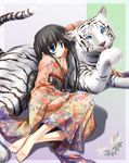  bad_feet barefoot copyright_request japanese_clothes kimono new_year shion_(kawasemi) solo tiger 