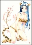  agahari ahoge animal_costume animal_ears animal_print bikini blue_hair breasts cat_ears cleavage costume idolmaster idolmaster_(classic) large_breasts long_hair miura_azusa paws red_eyes solo swimsuit tail tiger_costume tiger_ears tiger_print tiger_tail traditional_media 