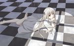  arm_support barefoot brown_eyes checkered checkered_floor chin_rest dress feet kasugano_sora leg_up long_hair lying mikaze_takashi on_floor on_stomach perspective shade solo toe_scrunch white_hair window_shade yellow_eyes yosuga_no_sora 