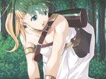  all_fours armband bag blonde_hair blue_eyes breasts choker chrono_trigger cleavage crawling forest looking_back luggage marle medium_breasts nature non-web_source open_mouth ponytail reason robe satchel solo strap tree 