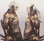  1girl armor braid dark_skin long_hair ookami_(pixiv27280) original short_hair sword tattoo weapon white_hair 