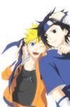  ;d arm_warmers black_eyes black_hair black_shirt blonde_hair blue_eyes blue_shirt firstsky forehead_protector grin holding jacket jewelry konohagakure_symbol long_sleeves multiple_boys naruto naruto_(series) necklace ninja one_eye_closed open_clothes open_jacket open_mouth orange_jacket orange_pants shirt short_sleeves simple_background smile spiked_hair standing turtleneck uchiha_sasuke upper_body uzumaki_naruto whisker_markings white_background 