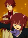  1girl bad_id bad_pixiv_id brother_and_sister hair_bobbles hair_ornament protecting red_hair siblings umineko_no_naku_koro_ni ushiromiya_ange ushiromiya_battler yonchi 