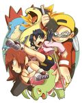  2boys ass backwards_hat baseball_cap bike_shorts black_hair blue_eyes crystal_(pokemon) cue_stick feraligatr gen_2_pokemon goggles gold_(pokemon) hat lowres meganium multiple_boys nekoichi poke_ball pokemon pokemon_(creature) pokemon_special red_eyes red_hair silver_(pokemon) silver_eyes typhlosion yellow_eyes 