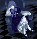  blue_eyes blue_hair bow dress frederica_bernkastel glowing glowing_eyes hevn long_hair sitting slit_pupils solo tsurime umineko_no_naku_koro_ni 