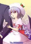  alternate_costume alternate_headwear arm_holding bat_wings bow demon_wings dress flower hat hat_flower highres lavender_hair mimika_(puetilun) open_mouth red_eyes remilia_scarlet short_hair smile solo_focus touhou wings 