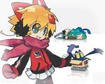  akatsuki_gomoku animal_ears bandages blonde_hair bunny_ears cat_ears earmuffs gloves green_eyes green_hair ice_skates jacket long_hair megatrea_shop multiple_girls official_art scarf short_hair skates skirt tears twintails 