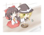  blonde_hair chibi detached_sleeves hair_ribbon hakurei_reimu hat kirisame_marisa miyo_(miyomiyo01) multiple_girls ribbon senbei touhou witch_hat 