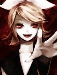  bad_id bad_pixiv_id blonde_hair fang foreshortening hair_ribbon hands horror_(theme) kagamine_rin red_eyes ribbon senbei_(roof-lock) short_hair slit_pupils smile solo vocaloid 