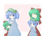  ? blue_eyes blue_hair front_ponytail green_eyes green_hair hair_bobbles hair_ornament hair_ribbon hat kagiyama_hina kawashiro_nitori long_hair long_sleeves miyo_(miyomiyo01) multiple_girls ribbon short_hair sleeves_past_wrists time_paradox touhou twintails two_side_up wide_sleeves younger 