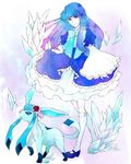  bad_id bad_pixiv_id bangs banned_artist blue_hair blunt_bangs bow crossover dress flower frederica_bernkastel frills furudo_erika gen_4_pokemon glaceon ice kneehighs looking_at_viewer mary_janes melting_scarlet pokemon pokemon_(creature) purple_eyes rose shoes umineko_no_naku_koro_ni 