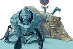  alphonse_elric armor cat feeding flamel_symbol full_armor fullmetal_alchemist lead_pipe lion male_focus mukuo red_eyes road_sign sign sitting solo 