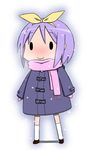  1girl banned_artist chibi coat hiiragi_tsukasa lucky_star purple_hair scarf short_hair snow solo tsuti 