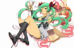  arm_warmers boots cake flower food green_eyes green_hair hair_flower hair_ornament hatsune_miku legs long_hair microphone nansui_kinoko pastry solo twintails very_long_hair vocaloid world_is_mine_(vocaloid) 
