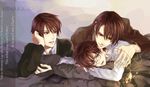  bed brown_hair furayu_(flayu) glasses hands harry_james_potter harry_potter lying male_focus medallion multiple_boys open_mouth red_eyes short_hair tom_marvolo_riddle yaoi 