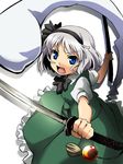  bad_id bad_pixiv_id blue_eyes dual_wielding hitodama holding konpaku_youmu konpaku_youmu_(ghost) rutarou silver_hair solo sword touhou weapon 