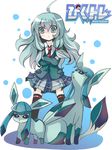  ahoge aqua_eyes aqua_hair bad_id bad_pixiv_id blazer frown gen_4_pokemon glaceon hair_ribbon hoshikuzu jacket long_hair necktie pixiv_trainer pleated_skirt pokemon pokemon_(creature) pokemon_trainer ribbon school_uniform skirt solo thighhighs 