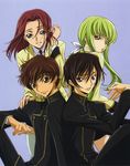  2girls ashford_academy_uniform black_hair brown_hair c.c. chiba_yuriko code_geass friends green_eyes green_hair kallen_stadtfeld kururugi_suzaku lelouch_lamperouge long_hair multiple_boys multiple_girls official_art school_uniform short_hair 