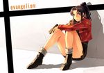  23_(real_xxiii) boots cross gun h&amp;k_usp handgun heckler_&amp;_koch jacket jewelry katsuragi_misato legs long_legs miniskirt necklace neon_genesis_evangelion ponytail purple_eyes purple_hair sitting skirt solo trigger_discipline weapon 