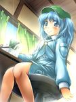  blue_eyes blue_hair chair cucumber curtains from_behind hat indoors kawashiro_nitori key murasaki_kajima sitting smile solo touhou two_side_up 